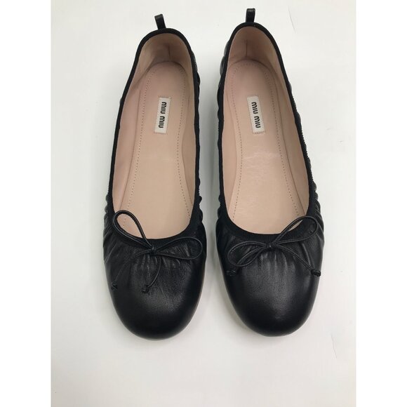 Miu Miu Leather Ballet Bow Rhinestone Heel Flat Shoe Black Size 41 - Picture 3 of 7